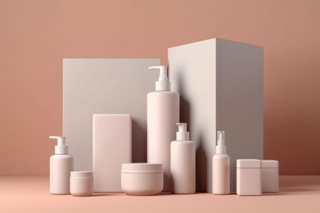 Monochrome cosmetic set on a pastel background. cosmetic items. Generated by AI.の素材