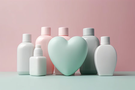 Cosmetic set with a heart on a pastel background. Concept of self-care. Generated by A.I.の素材