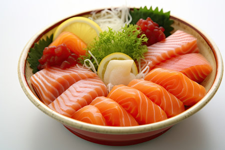 Sliced from different kinds of fish. Traditional Japanese dish sashimi on a light background. Generated by A.I.の素材