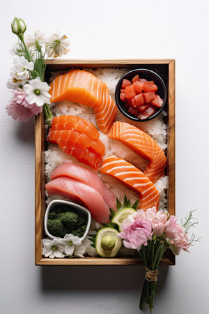 Traditional Japanese dish sashimi decorated with flowers. top view. Generated by AI.の素材