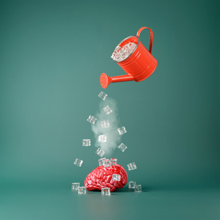 mental health concept. Red watering can sprinkles the heated brain with ice cubes.