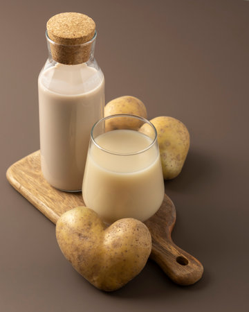 Concept of alternative milk. Glass with potato milk on brown background.の写真素材