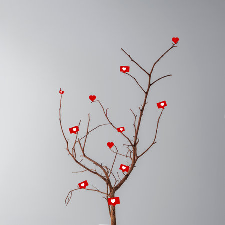 social media concept. Dry tree with likes on gray background.の写真素材