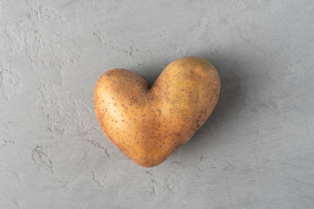 Heart shaped potatoes on a gray concrete background. top view.の写真素材