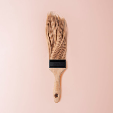 Creative hair color concept. Paintbrush with female hair on pastel peach color. top view.