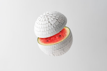 Creative concept of summer fruits. Mirrored white disco ball with watermelon inside on white background.の写真素材