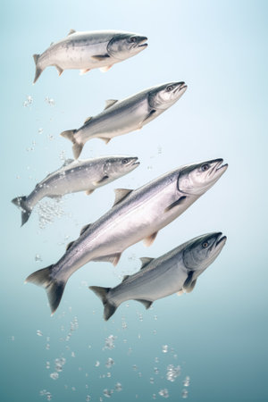 Commercial image of salmon on blue background with splashing water. AI generation.の素材