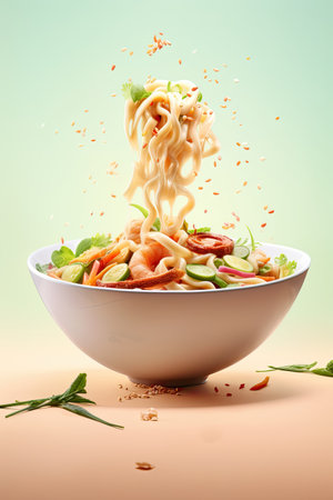 Commercial image of an udon noodle plate on a blue background. AI generation.の素材