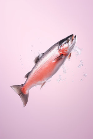 Commercial image of soaring salmon on pink background. AI generation.の素材