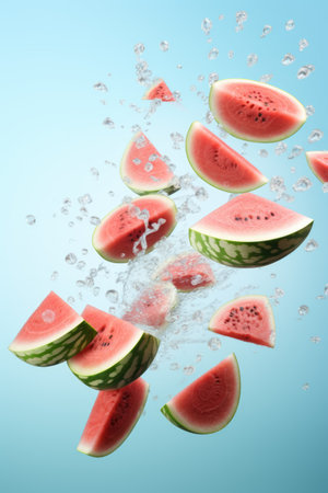 Commercial image of watermelon slices flying in the air on a blue background. AI generation.の素材