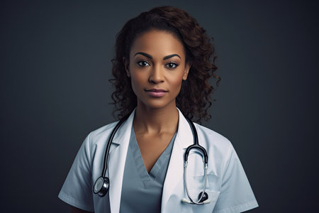 African American portrait of a doctor of a girl with a stethoscope on a gray background.の素材