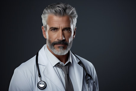 Portrait of a middle-aged male doctor in white clothes with a stethoscope on a dark background.の素材