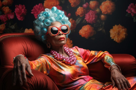 Glamorous portrait of an African-American older woman with blue hair wearing glasses sitting valiantly in a chair against a background of flowers.の素材