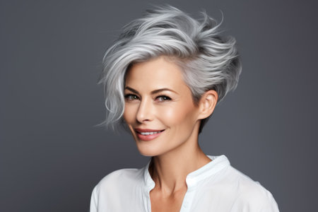 Portrait of an aged well-groomed European woman on a gray background.の素材