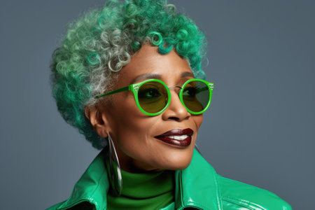 Glamorous portrait of an elderly African American woman wearing green glasses and a green leather jacket.の素材