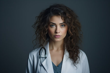 Portrait of a Latino-American young female doctor in a white coat with a stethoscope against a dark background.の素材