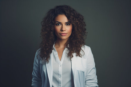 Portrait of a Latino-American young female doctor wearing a white coat against a dark background.の素材