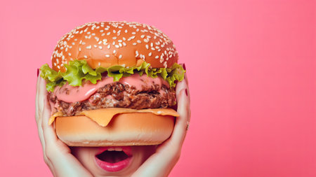 Surprised girl covered her face with a big juicy hamburger on a pink pastel background with a copy space.の素材