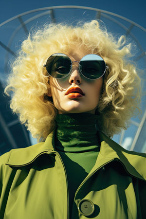 Fashion portrait of a curly-haired girl wearing green glasses against a background of metal structures.の素材