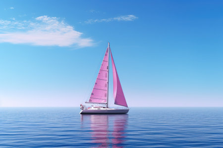 Lone sailboat with pink sails sailing in a calm sea against a blue sky.の素材