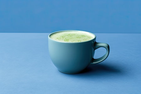 Blue cup with classic green matcha on a blue background.の素材