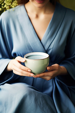 Girl in blue clothes holding a blue check with a blue match.の素材
