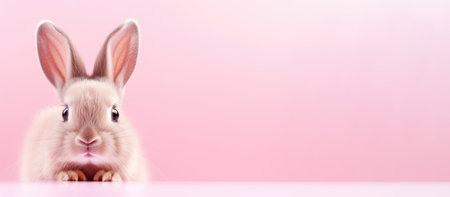 Portrait of a cute pink Easter bunny on a pastel pink background with copy space.の素材