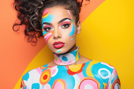 Creative portrait of a young Spanish girl with art makeup on a colorful background.の素材