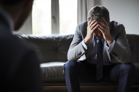 Sad middle-aged man at a psychotherapy appointment. The concept of depression.の素材
