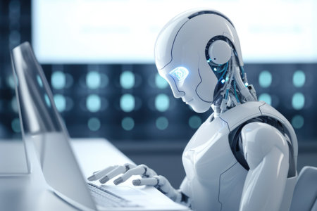 Anthropomorphic white robot programmer sitting at a laptop on a light colored background.の素材