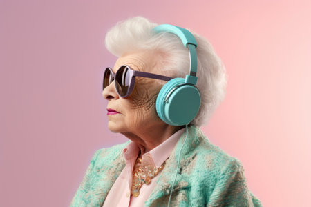 Trendy grandmother wearing glasses with blue headphones and blue clothes on blue background.の素材