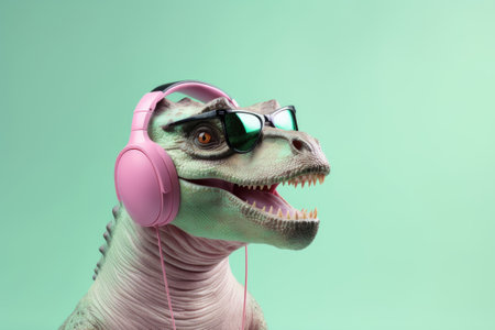 Glamorous portrait of a cheerful dinosaur wearing fancy glasses and pink headphones on a turquoise pastel background.の素材
