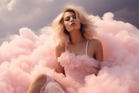 Romantic dreamy girl in pink dress with closed eyes on pink cloud.の素材