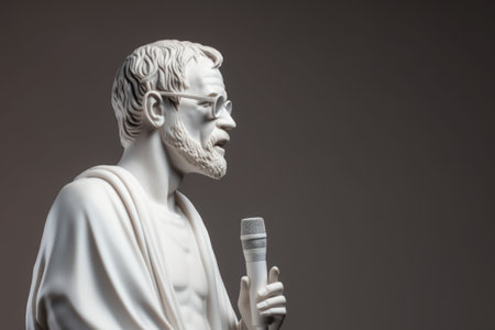 Greek sculpture of Demosthenes wearing glasses with microphone on gray background. Concept of public speaking.の素材