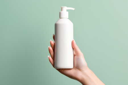 Female hand with white bottle on turquoise background. Mock-up.の素材