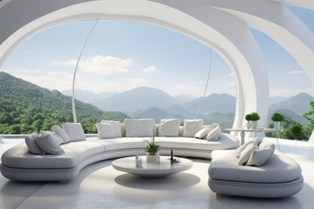 Futuristic light interior of oval room with white sofas on mountain landscape background.の素材