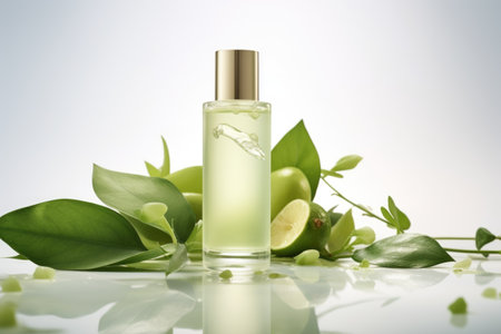 Glass cosmetic bottle stands on glass with leaves and fruit. Cosmetic mockup.の素材