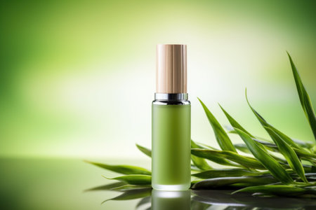 Green cosmetic bottle on a green background with foliage.の素材