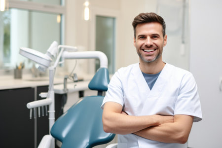 Male portrait of smiling dentist doctor on background of dental office.の素材
