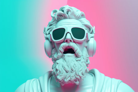 White statue of Zeus wearing glasses and headphones listening to music with his mouth open on a pink and blue background.の素材