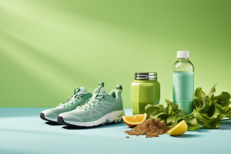 Healthy lifestyle concept. Composition with sneakers and sports nutrition ingredients.の素材