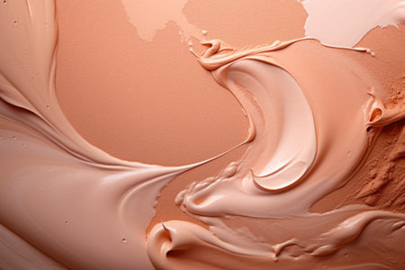 Texture of powder and liquid cosmetics in beige bedding colors, top view.の素材