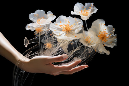 Female hand with futuristic flowers on dark background.の素材