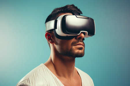 Portrait of an attractive man on the side wearing virtual reality goggles on a blue background.の素材