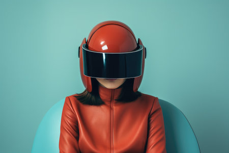 Futuristic portrait of a seated girl in an orange leather jacket with a futuristic VR retro helmet against a blue wall.の素材