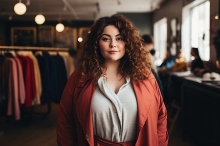 Portrait of an oversized curly haired brown-haired woman in a light orange raincoat against the backdrop of a clothing store.の素材