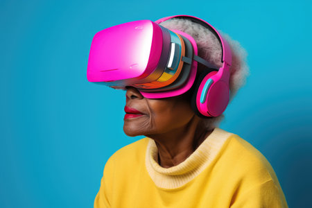 Portrait of African American grandmother wearing pink virtual reality goggles on pastel blue background.の素材