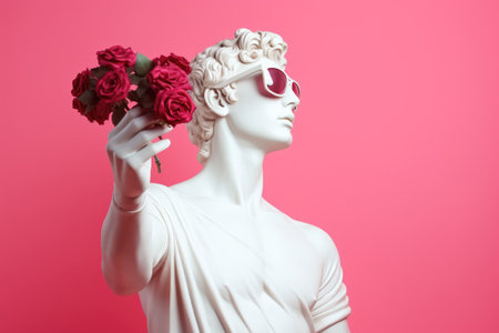 White sculpture of Apollo wearing pink glasses arrogantly presents a bouquet of red roses on a pink background.の素材
