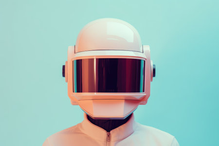 Portrait of a man in a white leather jacket wearing a retro helmet on a blue pastel background.の素材