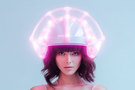 Futuristic portrait of a brunette wearing a surrealistic luminous neon helmet on a blue background.の素材